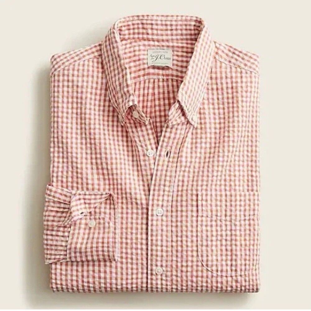 J.Crew Mens Button Shirt Xl Classic Fit Check Long Sleeve Seersucker Org Cotton